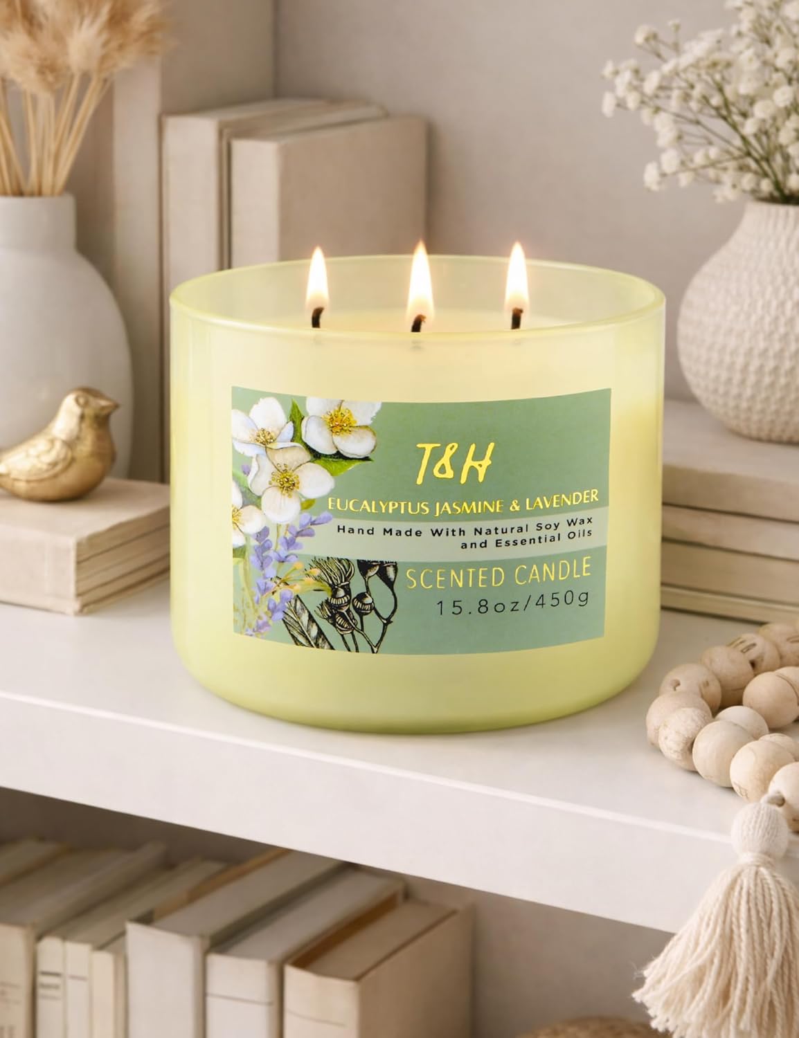 Eucalyptus Jasmine Lavender Scented Candle | 3 Wick Large Soy Candles for Home 15.8oz | Calming Spa Aromatherapy Candle | Strong Scent Long Lasting Clean Burn | Stress Relief Gift for Women & Men - Image 8