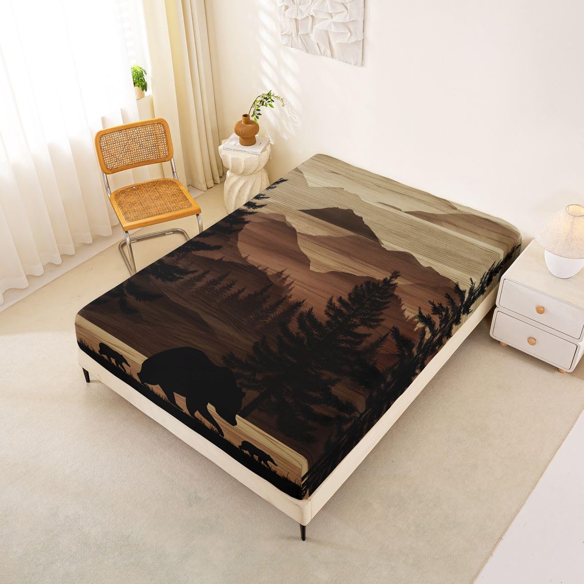Homemissing Sábana bajera ajustable de oso tamaño King para niños y niñas, con bolsillo profundo de 16 pulgadas de profundidad, ropa de cama rústica con 2 fundas de almohada, decoración de habitación