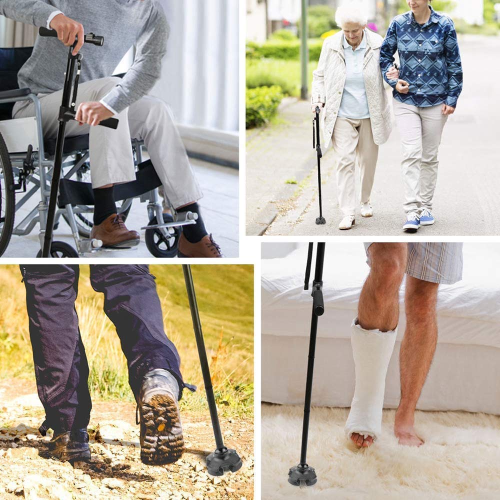 Bastones Bastón Plegable con luz LED Bastón Extensible autoportante con Doble empuñadura y muletas Regulables en Altura para Personas Mayores