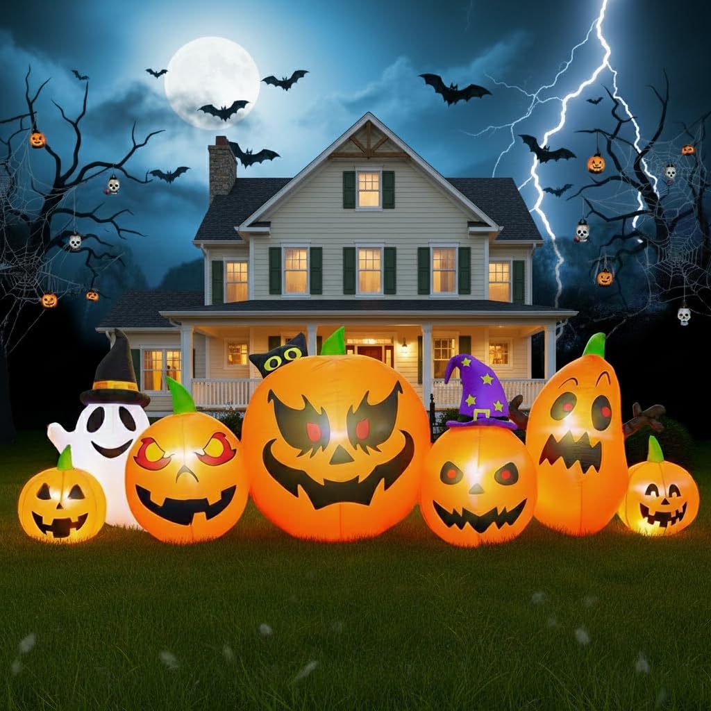 9.2 FT Halloween Yard Decorations Outdoor, Light-Up Pumpkin Inflatable with Ghost & Black Cat, Blow Up Lawn/Porch Décor, Plug-in LED, Built-in Blower, About 40-Second Setup