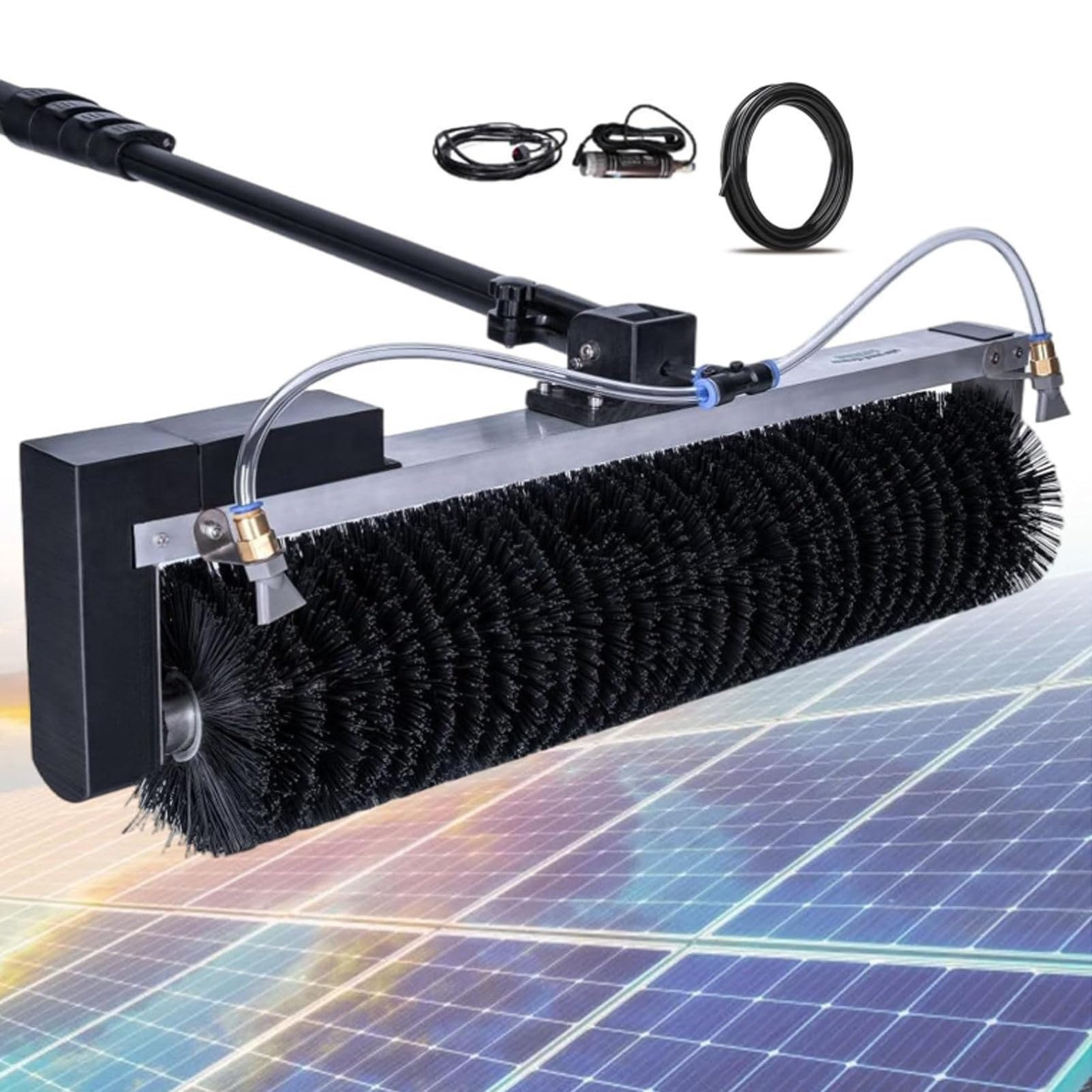 Oiyekntd Solar Photovoltaic Panel Cleaning Tool, Outdoor Telescopic Photovoltaic Cleaning Brush, Solar Panel Roller Brush, Adjustable Electric Water Fed Rod LithiumBattery-7.5m/24.6ft