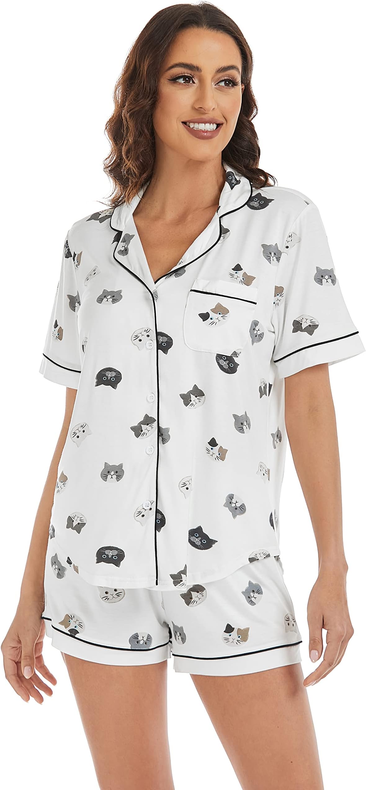 LUBOTWomens Pajamas Set PJs Set Button Down Front Sleepwear Soft Two-piece Long Short Sleeve Shirt Loungewear Set S-XXL
