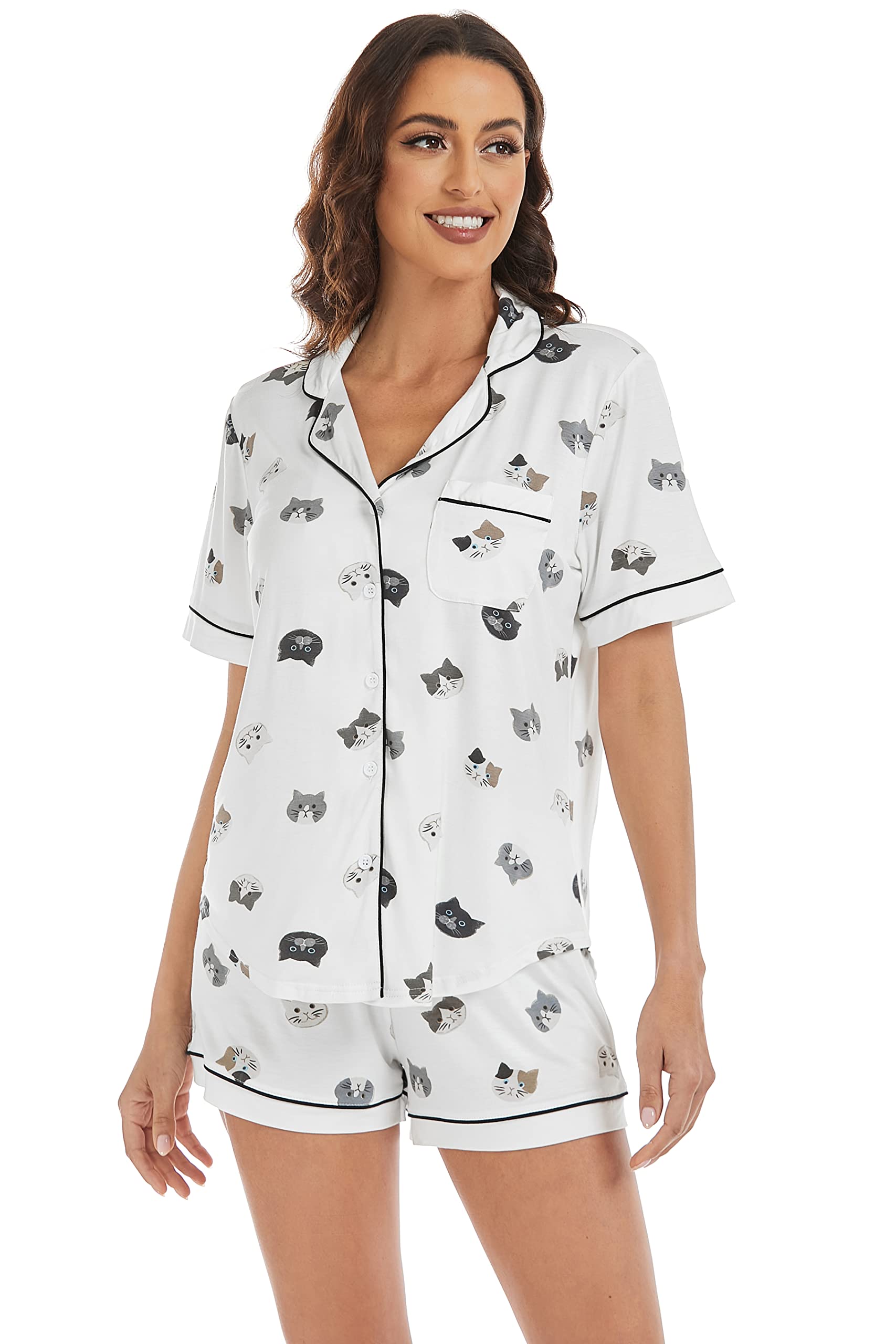 LUBOTWomens Pajamas Set PJs Set Button Down Front Sleepwear Soft Two-piece Long Short Sleeve Shirt Loungewear Set S-XXL