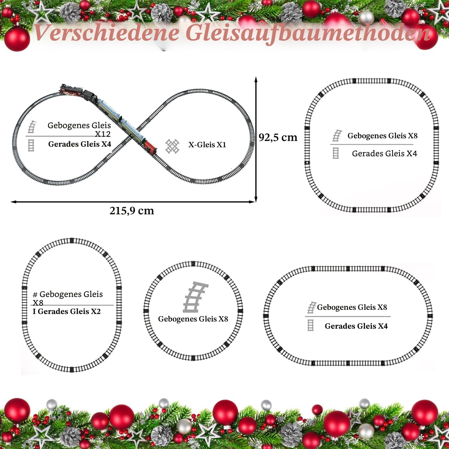 Eisenbahn Set für Kinder, Elektrische Eisenbahnspielzeuge mit Realistischen Lichtgeräuschen Rauch, Weihnachtszug Modell Geschenke, Dampflokomotive, Luxus-Schiene & 2 Leuchtende Personenwaggons