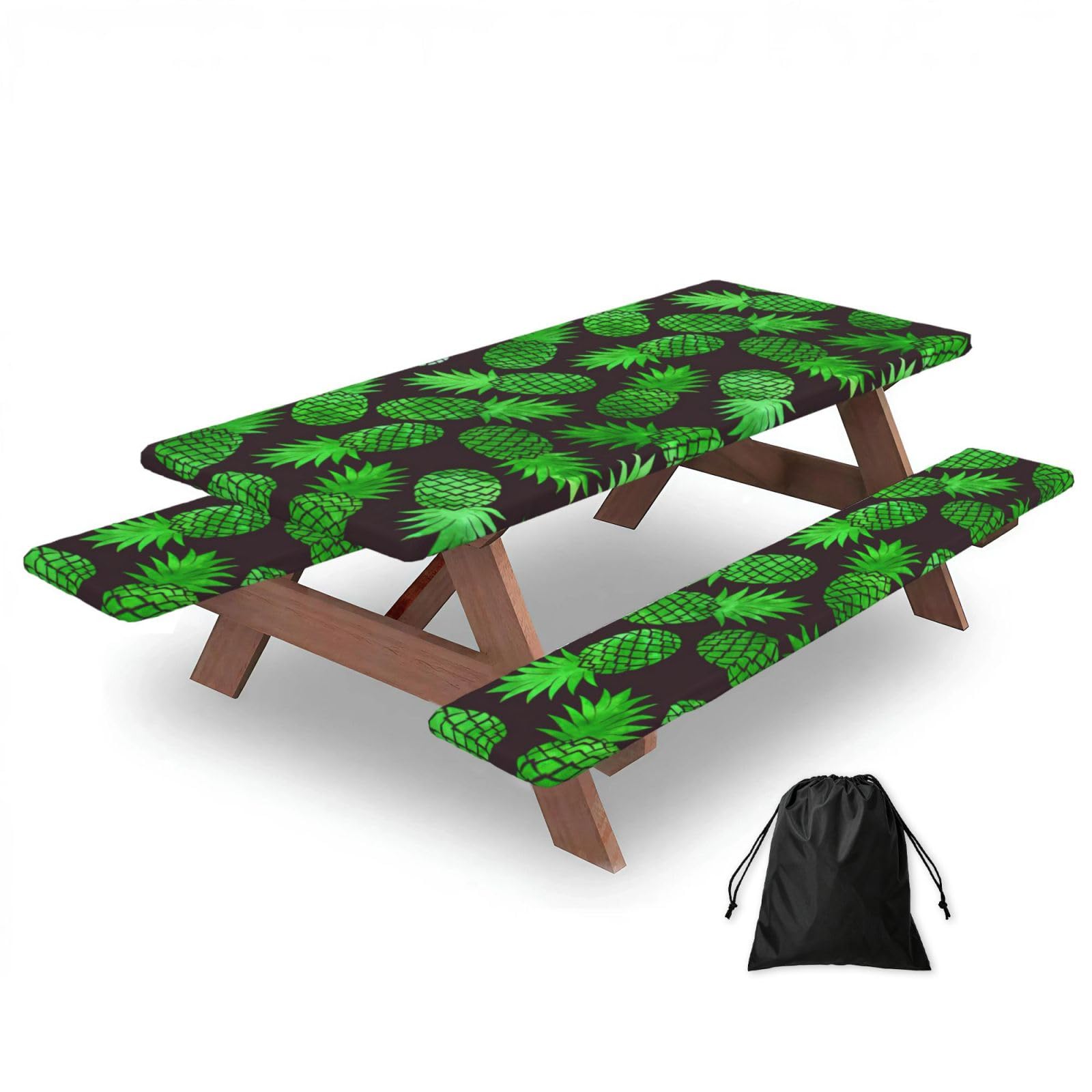 Zyjhyy Black Pineapple Art Print Party Table Covers With Bench Covers Set Of 3 Picnic Table Cloth Wipe Clean For Garden Camping