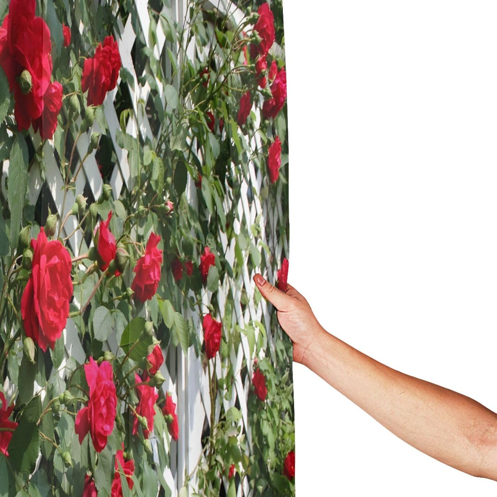 YUAOEUR 3D Garden Shower Curtain 60x72 Inch Red Rose Flower And Green Leaf Picture Outdoor Garden Green Trees Bathroom Personalized Decor Fabric with Hook - Image 3
