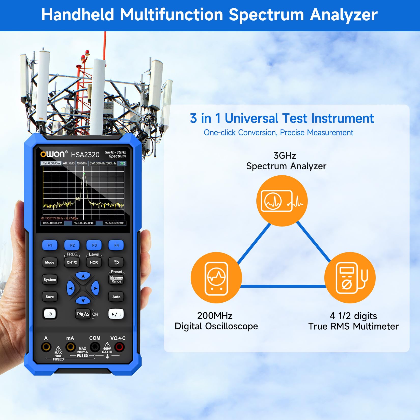 OWON Handheld-Spektrumanalysator mit Oszilloskop und Multimetern, Frequenzbereich 9 kHz bis 3 GHz, mit 3,5-Zoll-LCD-Bildschirmanzeige, 200 MHz Bandbreite, HSA2320