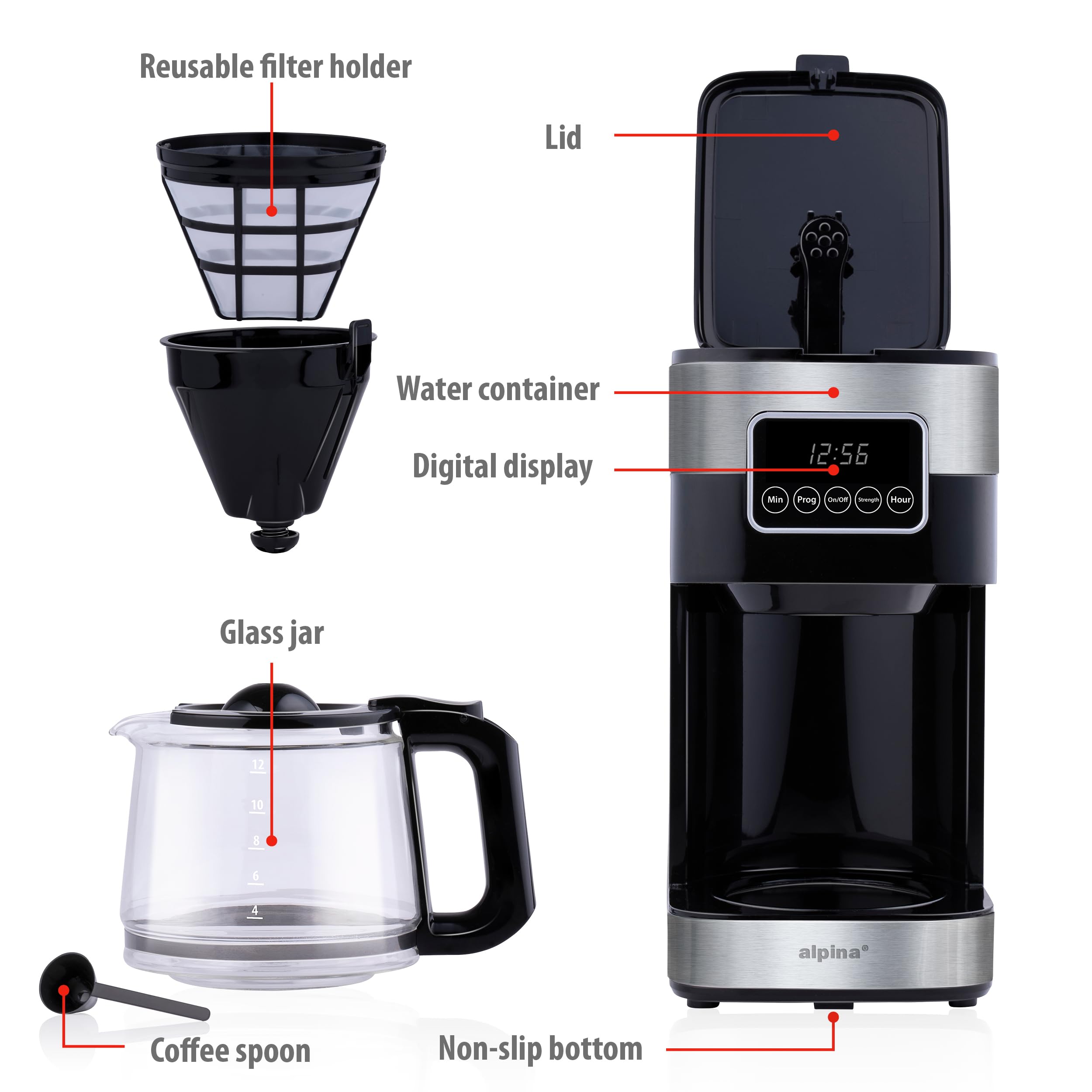alpina Cafetera de Filtro - Máquina de Café 1.5L/ 12 Tazas de Café de Filtro - Cafetera con Pantalla Digital, Temporizador y Placa Calefactora - Intensidad del Café Ajustable - Negro