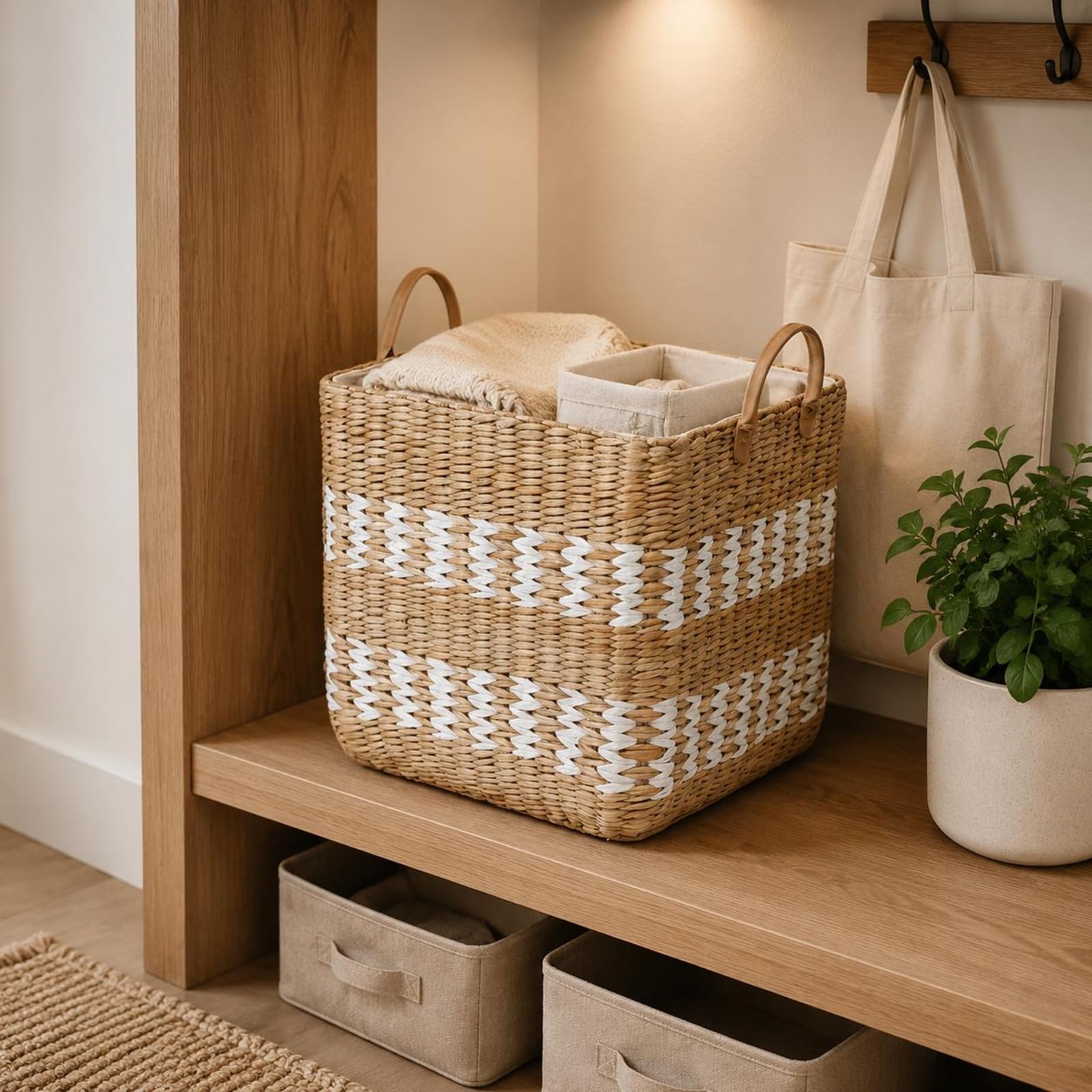 Cesto Porta Biancheria Cestino Organizer Contenitore in Stile Intrecciato Struttura Solida Liner Rimovibile Manici Confortevoli per Trasporto Adatto per Bucato Guardaroba