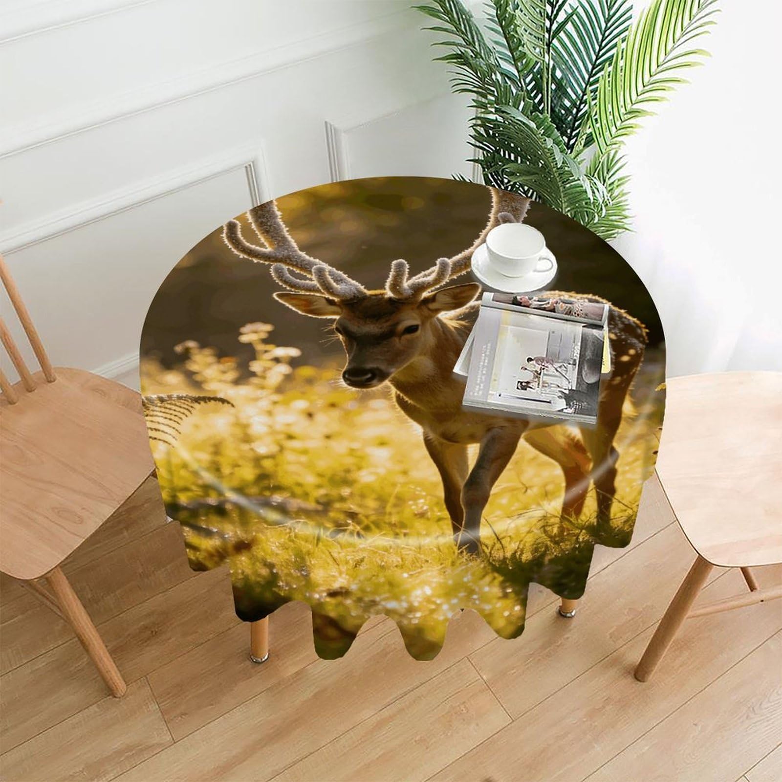 LZQPOEAS Graceful Deer with Antlers in Nature Tablecloth Easy to Clean Polyester Round Table Cover Washable Round Table Cloth Wrinkle-Free Circle Decoration Tablecloth for Kitchen and Dining Room 60"