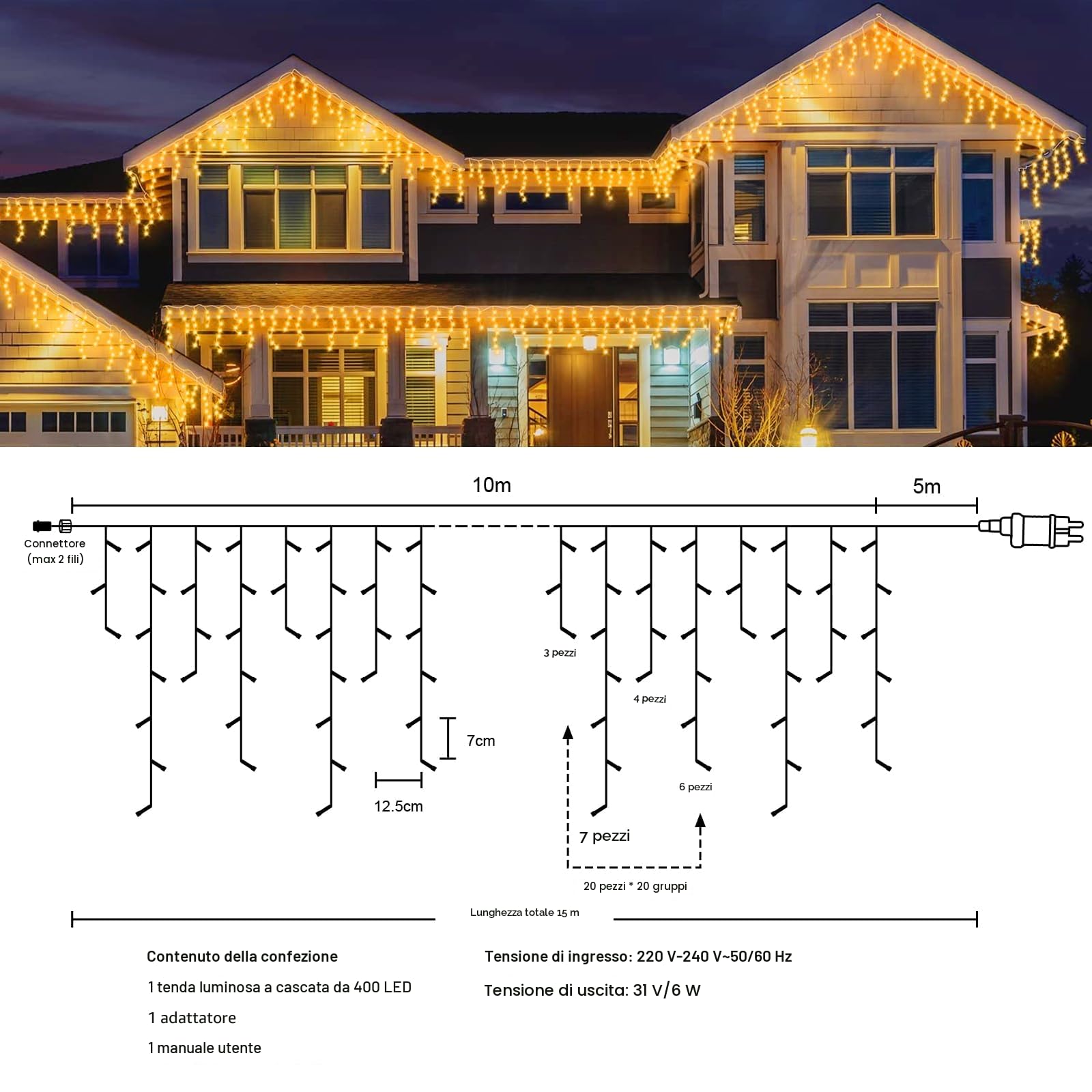 AGOTD - Catena luminosa effetto ghiaccio per esterni elettrica, tenda luminosa 400 LED, illuminazione natalizia per esterni, con timer, 8 modalità, funzione memoria per Natale, camera da letto, feste