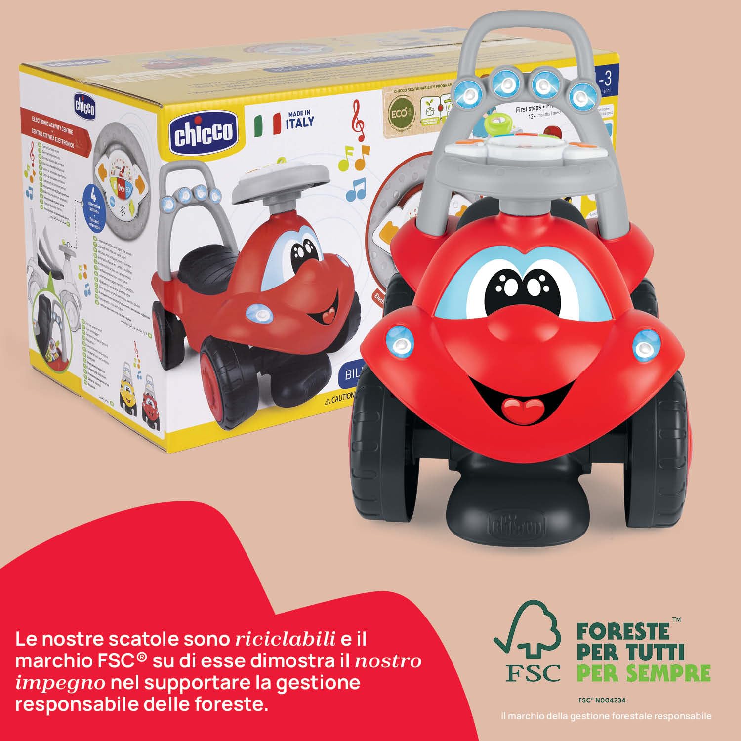 Chicco Billy Walk&Ride Eco+, Primi Passi, Girello e Cavalcabile, Assemblaggio Semplice, Manubrio Ergonomico, Ruote Larghe, Con Suoni e Luci di Guida, in Plastica Riciclata, Bambini 12-36 Mesi, Rosso