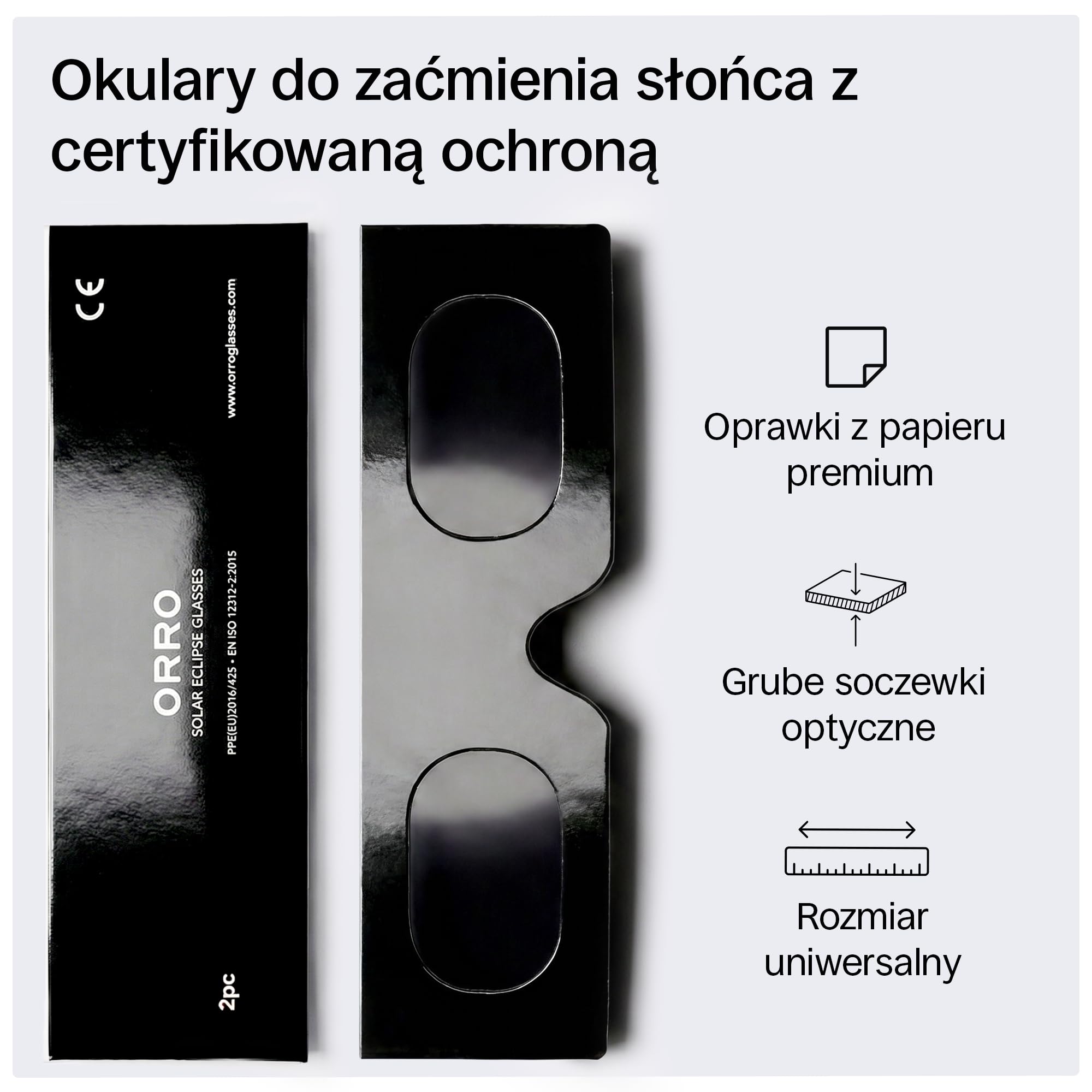 ORRO Okulary do Obserwacji Zaćmienia Słońca 45 mm, Zestaw 2/6/12 szt., Pasują na Okulary Korekcyjne, Certyfikowana Ochrona Oczu, Testowane zgodnie z EN ISO 12312-2:2015, Oznakowanie CE