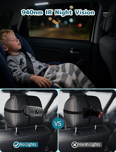 Miniatura 4 de Cámara de coche para bebé, pantalla dividida de 7 pulgadas con cámaras de doble asiento, visión nocturna, HD 1080P, alimentada por USB, fácil de