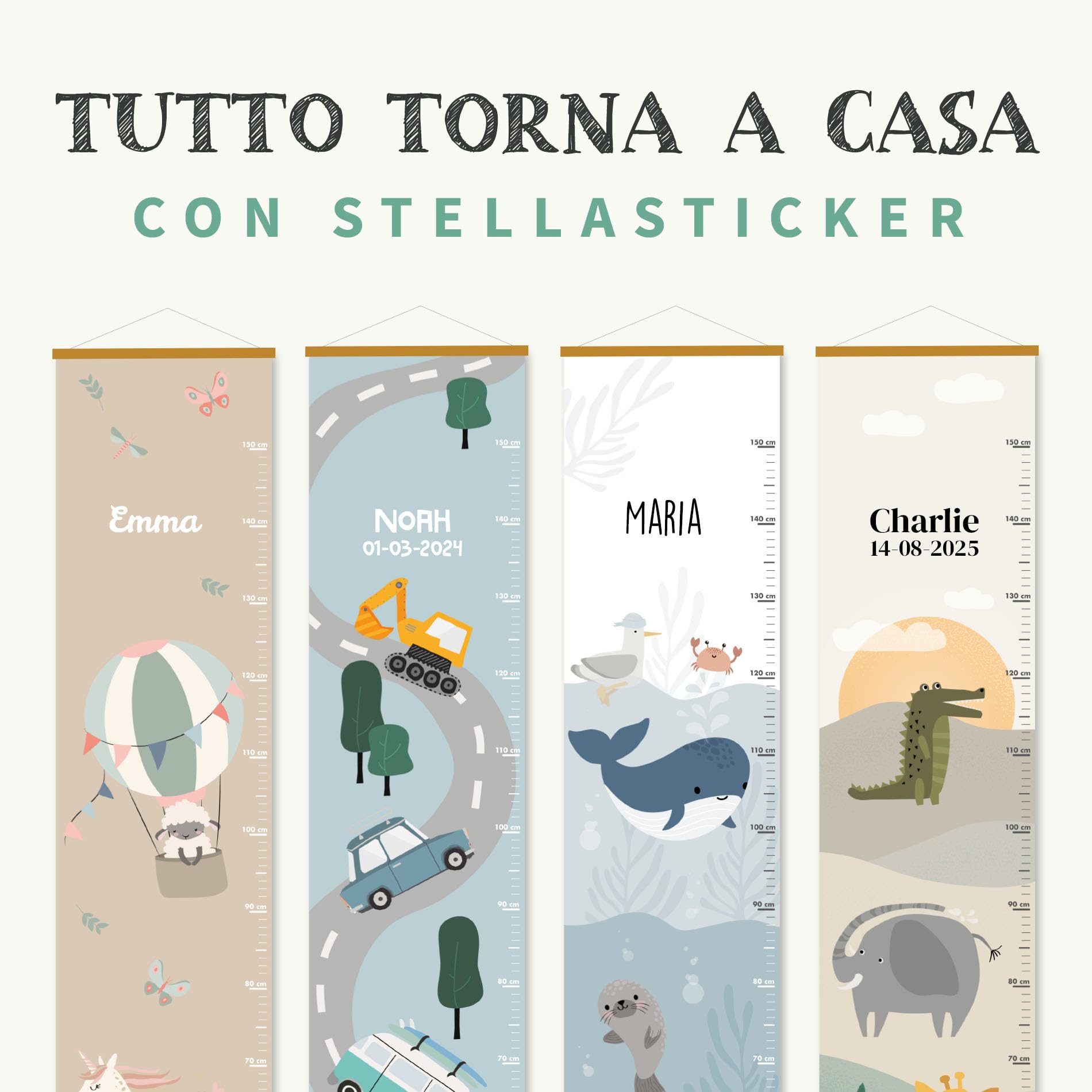 Metro crescita bimbi personalizzato con nome e data nascita decorazione cameretta 129x28 cm Mare
