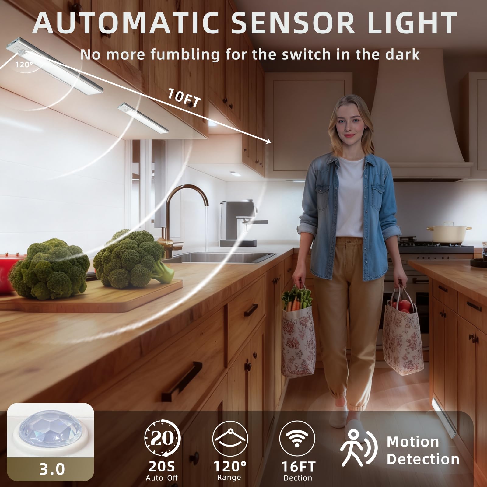 10inch Under Cabinet Lighting, 4 Pack Rechargeable Motion Sensor Light Indoor, Wireless Dimmable Magnetic Closet Lights, 40 LED Under Counter Lights for Kitchen, Wardrobe, Stairs, White Light 1
