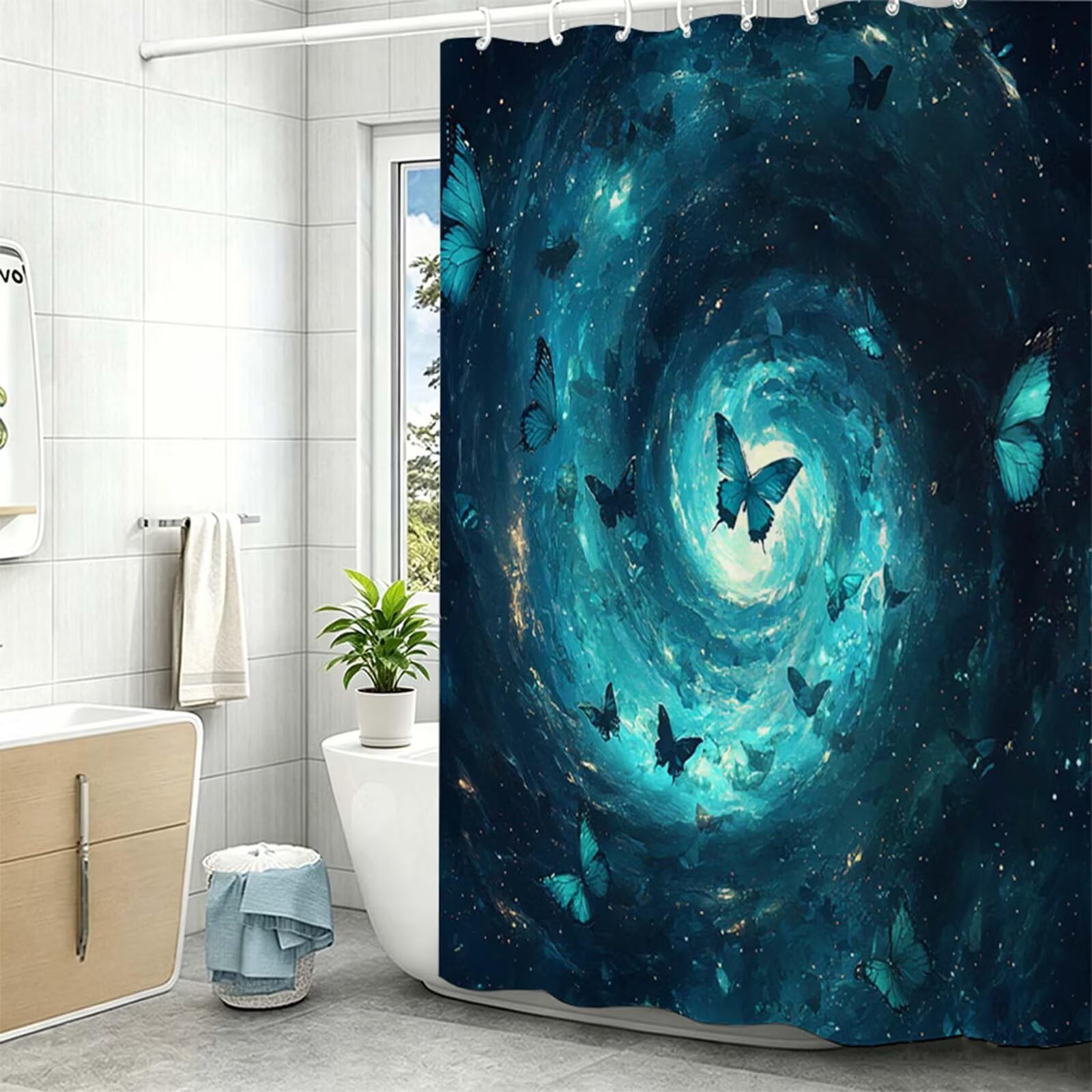 Tenda Doccia in Poliestere turchese,Tende per Doccia Extra Lunga 230x180cm,Farfalla Tenda Vasca da Bagno Tessuto Lavabile,Impermeabile e Facile da Pulire,con 12 Ganci,Decorazione per Bagno,Hotel Z-498