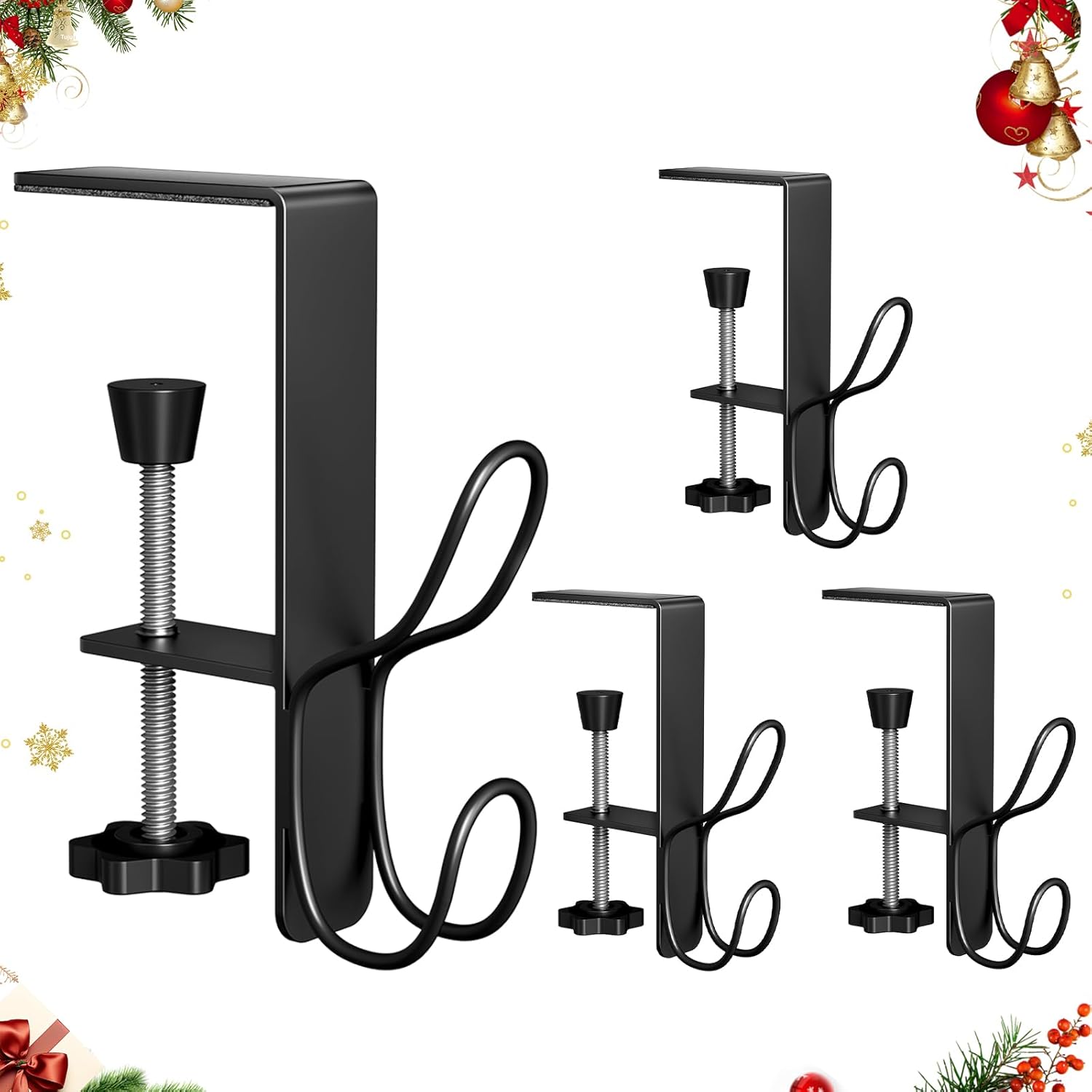 RELBRO 2 in 1 Stocking and Garland Hangers, Adjustable Metal Christmas Stocking Garland Holder with Double Hooks for Mantle Fireplace, Black, 4 Pcs