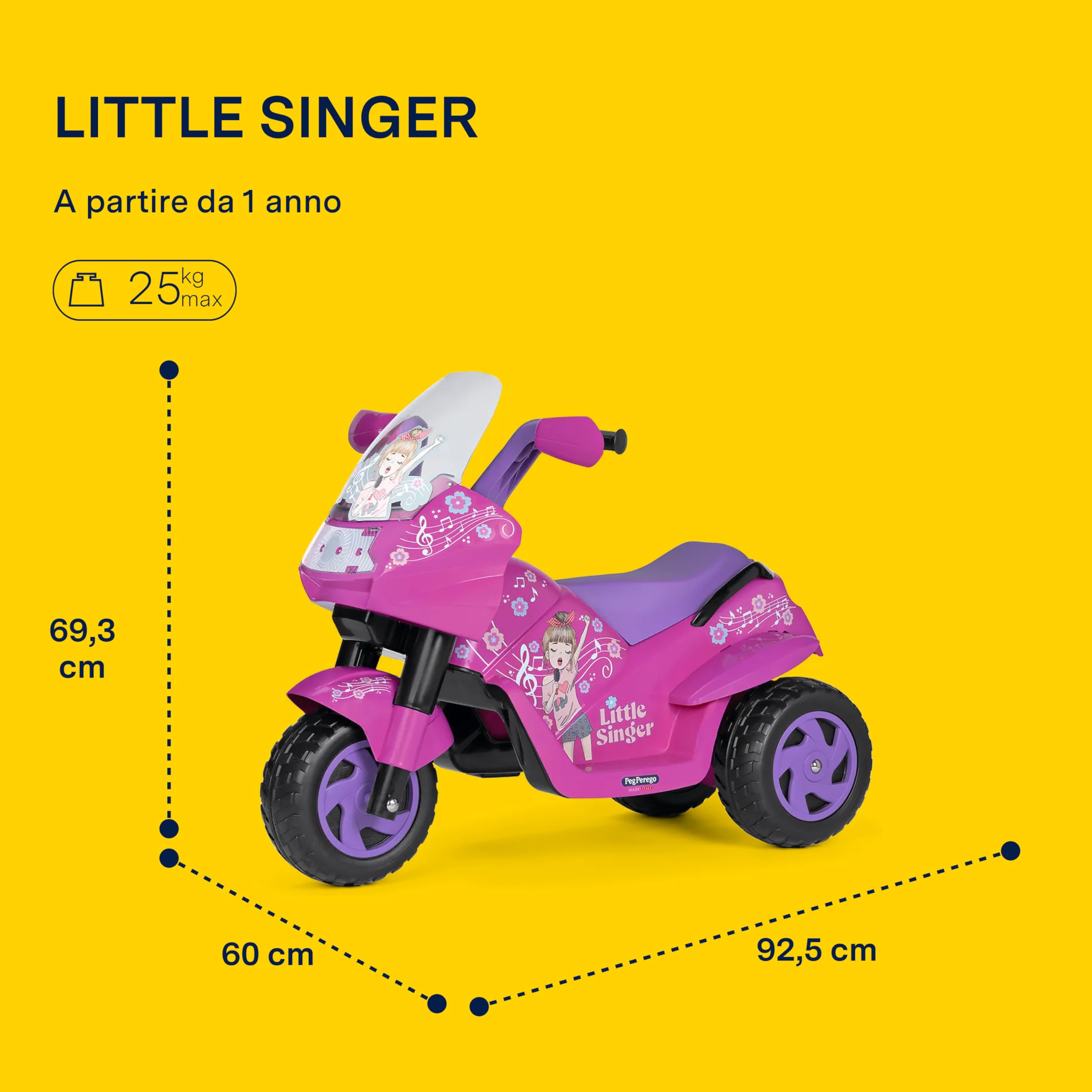 PEG Little Singer Moto Elettrica Cavalcabile per Bambini dai 2 Anni, Batteria Ricaricabile da 6V, Fari LED, Clacson e Musica, Velocità 4 km/h, Due Ruote Motrici con Battistrada Tassellato