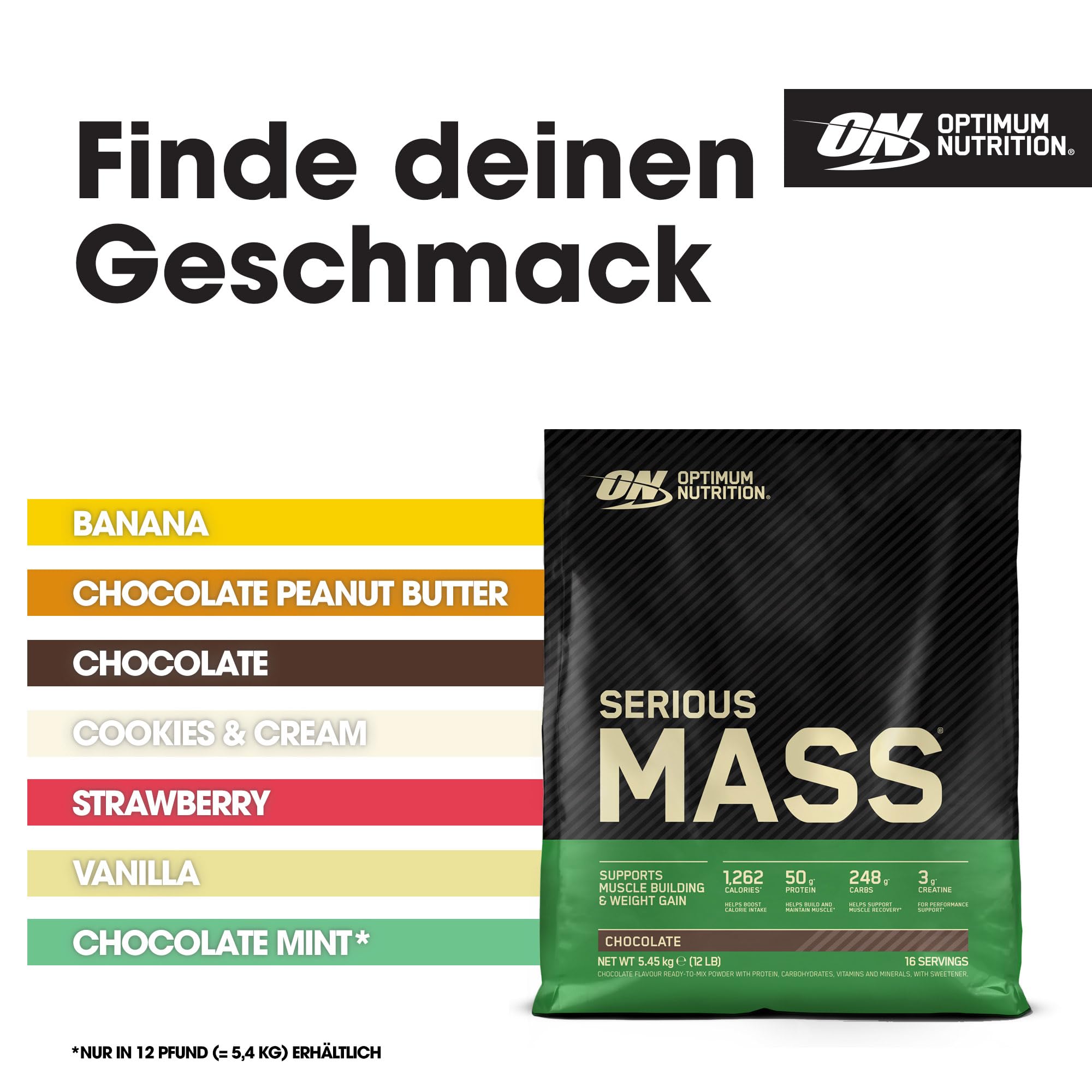 Optimum Nutrition Serious Mass Weight Gainer Pulver, Geschmack Schokolade, 5.45kg, 16 Portionen