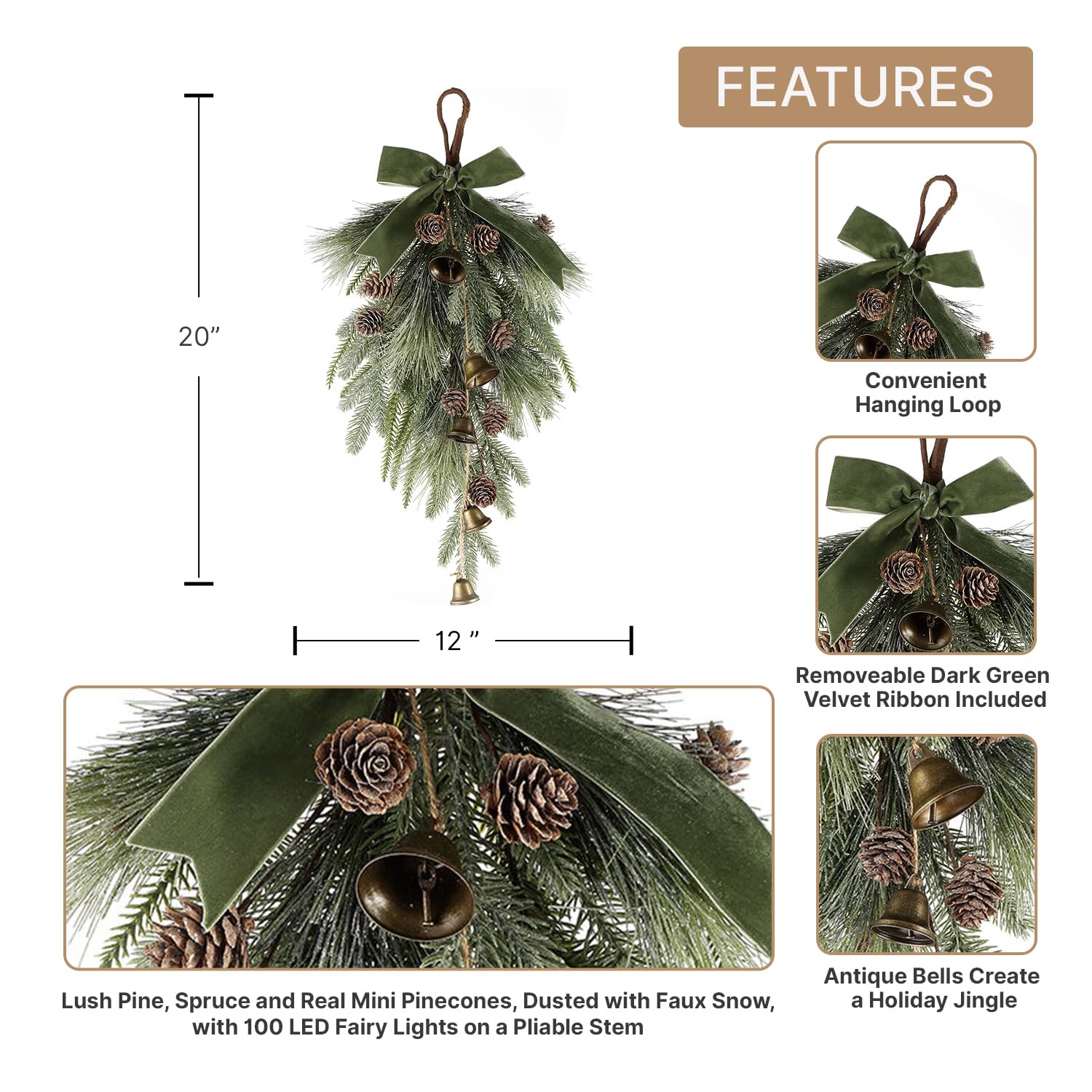 LampLust Winter Swag for Decorating - 18 Inch Long, Christmas Door Swag with Brass Bells, Real Miniature Pinecones & Green Velvet Ribbon, Holiday Swag for Mantle & Christmas Decor