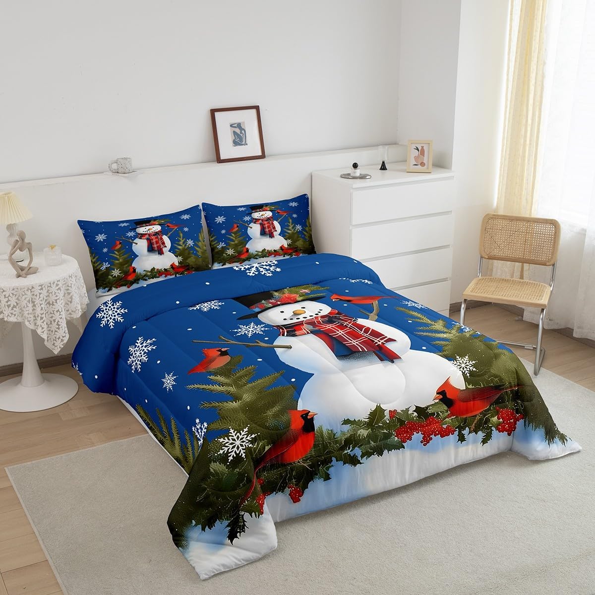 Feelyou Blue Christmas Snowman Comforter Set for Kids Boys Girls Merry Christmas Comforter Queen Size Xmas Tree Bedding Set Bedroom Decor Snowflake Duvet Set Quilt Set 3Pcs