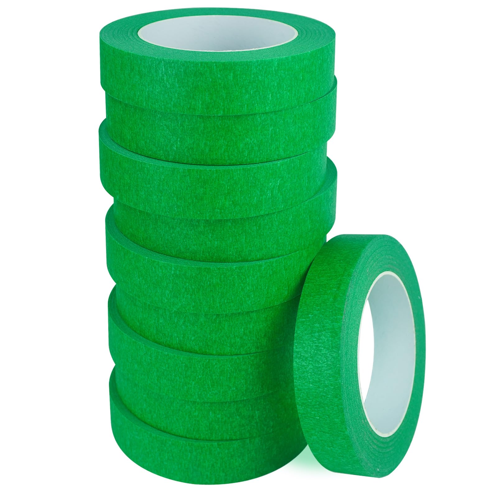 10 Rolls of Green Masking Tape, Each roll 24mm Wide and 50 Meters Long, totaling 500 Meters, Suitable for General Masking Applications.