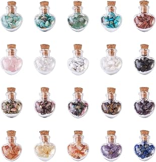 Cheriswelry 20Pcs Mini Heart Shape Gemstone Wish Bottles Gemstone Set for Jewelry Making Home Decor