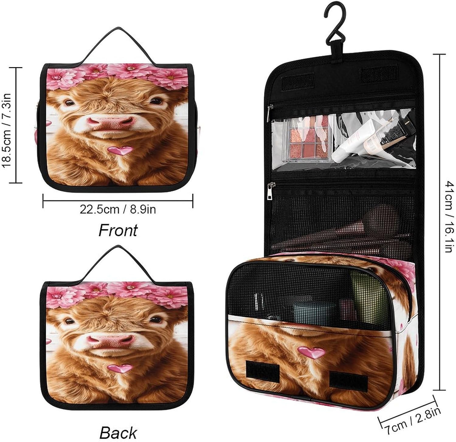 Cute Pink Highland Cow Wash Bag Portable Makeup Pouch image 2