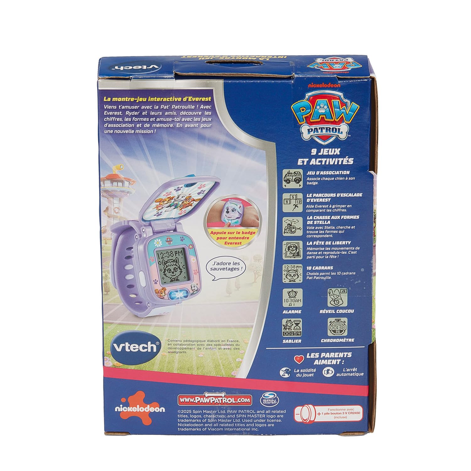 VTech - La Montre-Jeu Interactive d'Everest - Montre Pat' Patrouille avec Écran Animé, Bracelet Réglable, 10 Cadrans, 4 Jeux - Jouet Paw Patrol - Cadeau Enfant de 3 Ans à 7 Ans - Contenu en Français