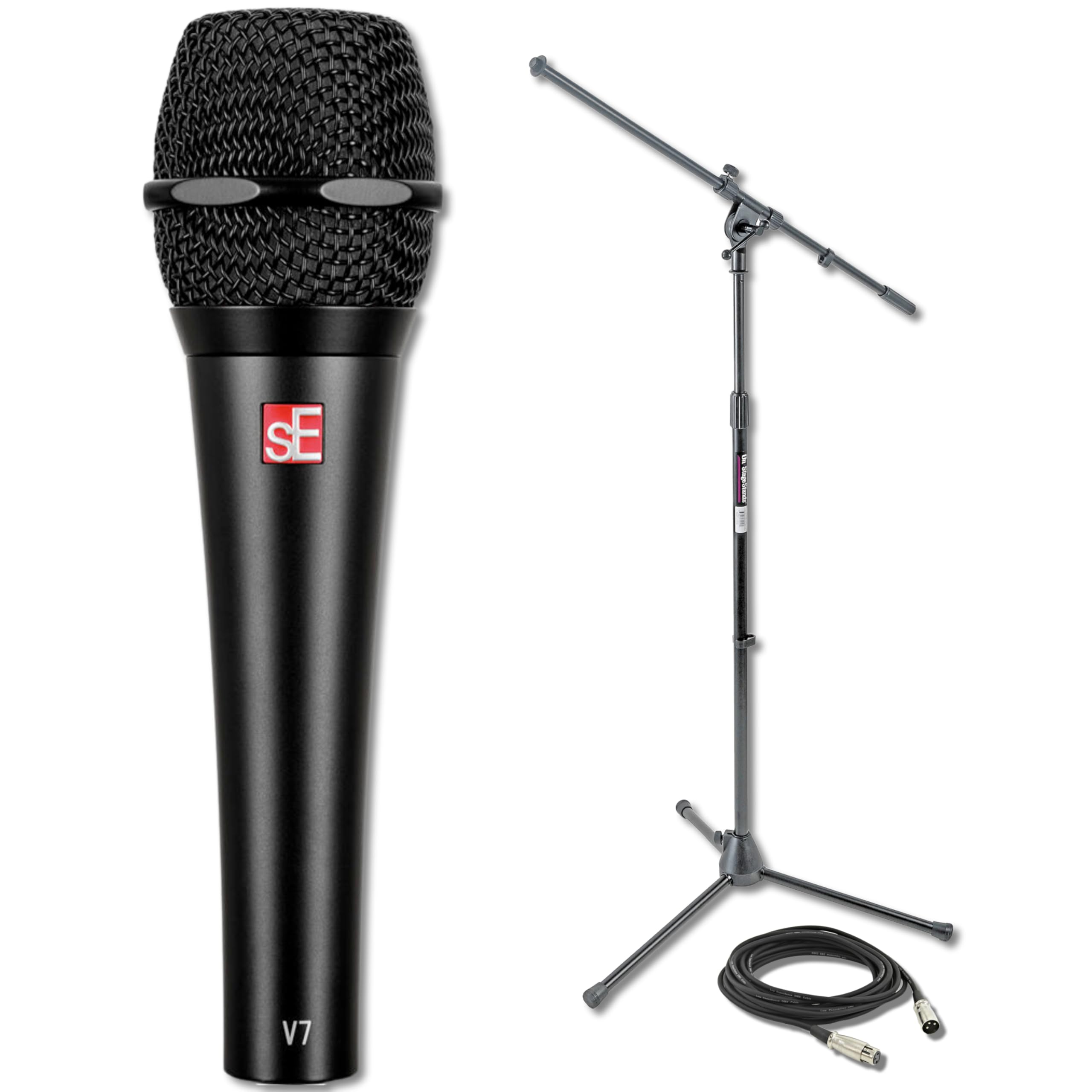 sE Electronics V7 (Black) Supercardioid Dynamic Handheld Vocal Microphone with Tripod Microphone Stand and XLR Cable