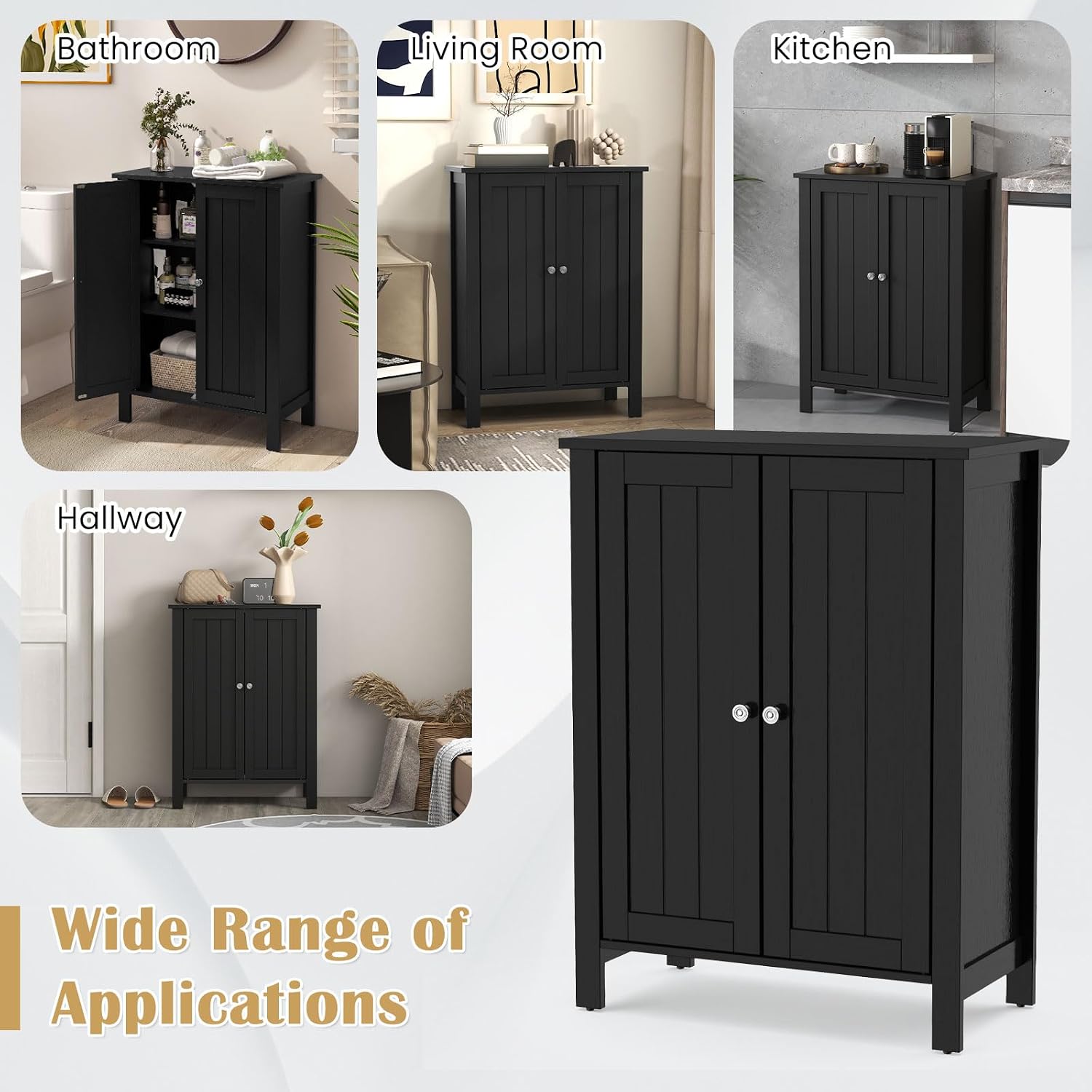 HAPPYGRILL Bathroom Floor Cabinet, Freestanding Storage Organizer Cabinet with Adjustable Shelves & Double Door, Wooden Bathroom Cabinet Organizer for Bathroom, Living Room, Kitchen (Black)