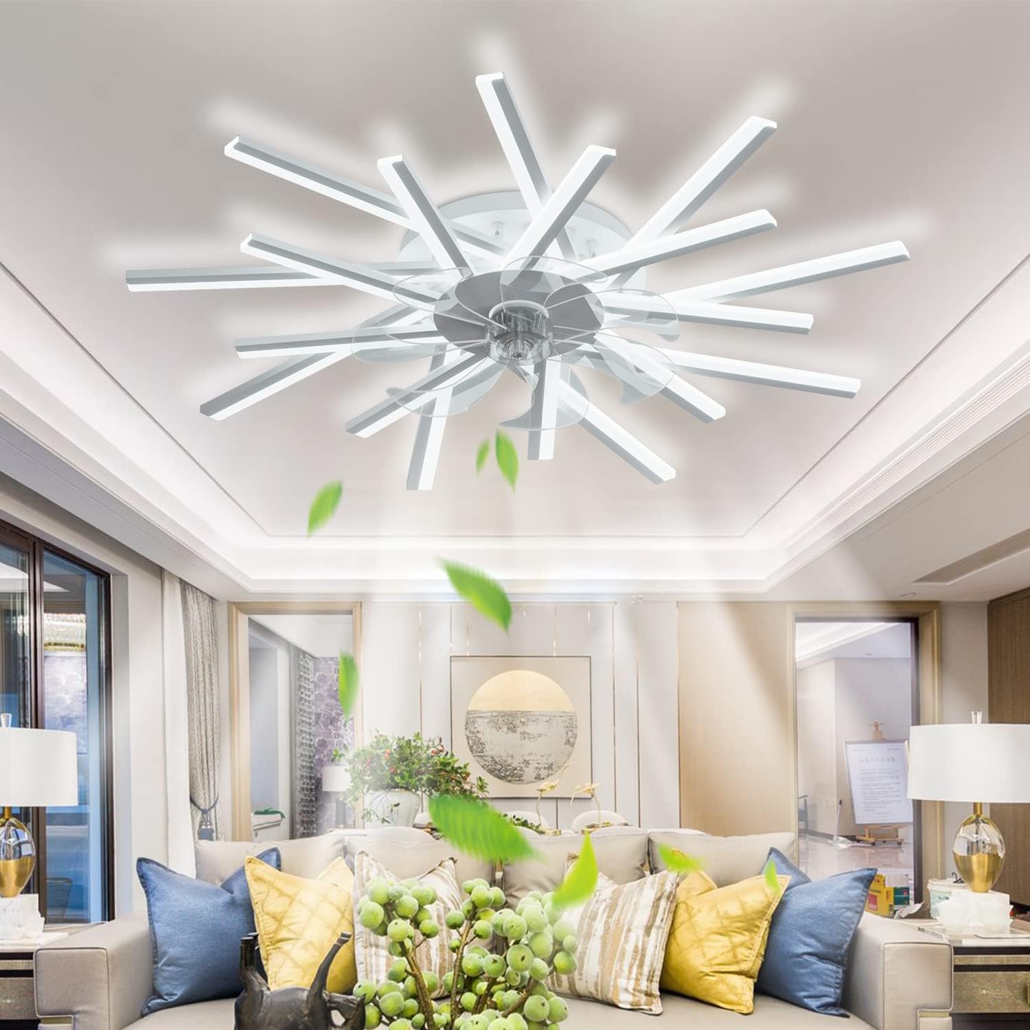 Ceiling Fan with Light, 3 Color Temperatures 6 Gear Speeds Ceiling Fan with Light with Dimmable LED Light and Remote Control Modern Indoor Recessed Mount Ceiling Fan Bedroom Living Room 70W 36.2” 36.2" White