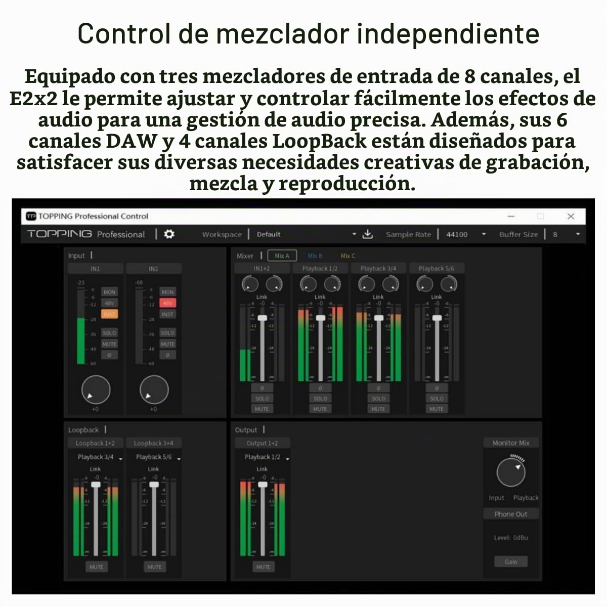 Topping Professional E2x2, Interfaz de audio USB y módulo preamplificador de micrófono ultralineal (Blanco)