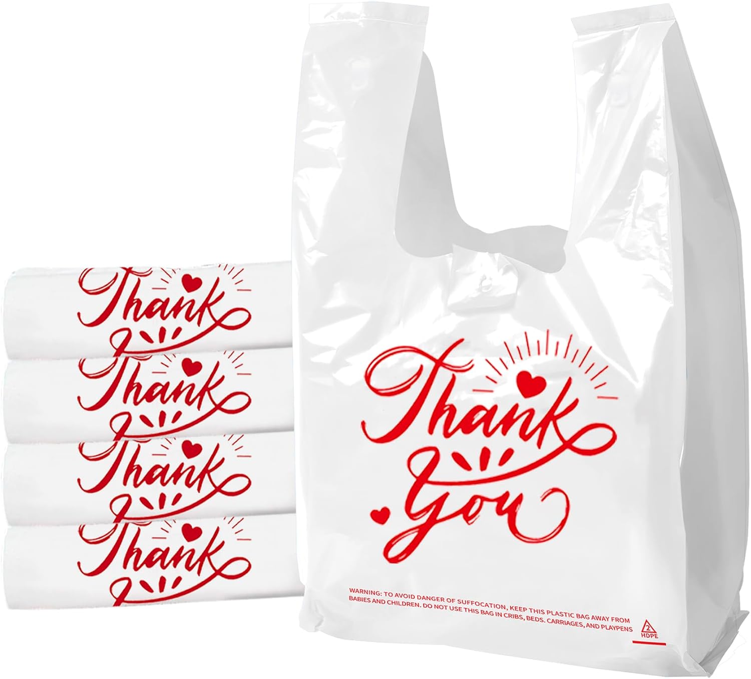 100 Pack White Thank You T-Shirt Bags – 11.5″x6.5″x21″ Reusable Grocery Bags with Handles, Eco-Friendly Retail Packaging for Supermarket & Small Business