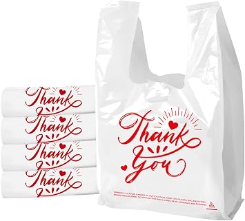100 Pack White Thank You T-Shirt Bags - 11.5"x6.5"x21" Reusable Grocery Bags with Handles, Eco-Friendly Retail Packaging for Supermarket & Small Business