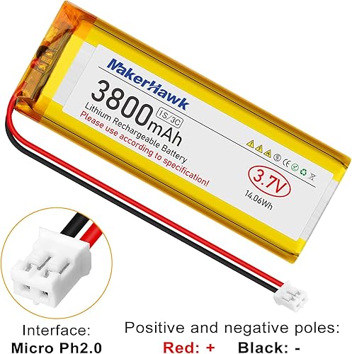 Miniatura 3 de MakerHawk Batería LiPo de 3.7 V 3800 mAh recargable 1S 3C 113386 Batería de polímero de litio con placa de protección de batería dual, enchufe micro