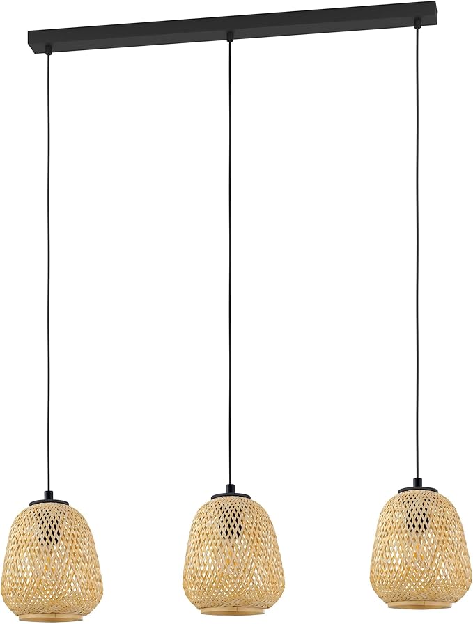 Eglo EGLO Hanglamp Dembleby, 3 vlammige hanglamp vintage, natuur, Hygge, hanglamp houten mand gevlochten, eettafellamp, woonkamerlamp hangend in lichtbruin, staal, E27-fitting, zwart, natuur,Zwart, natuur.