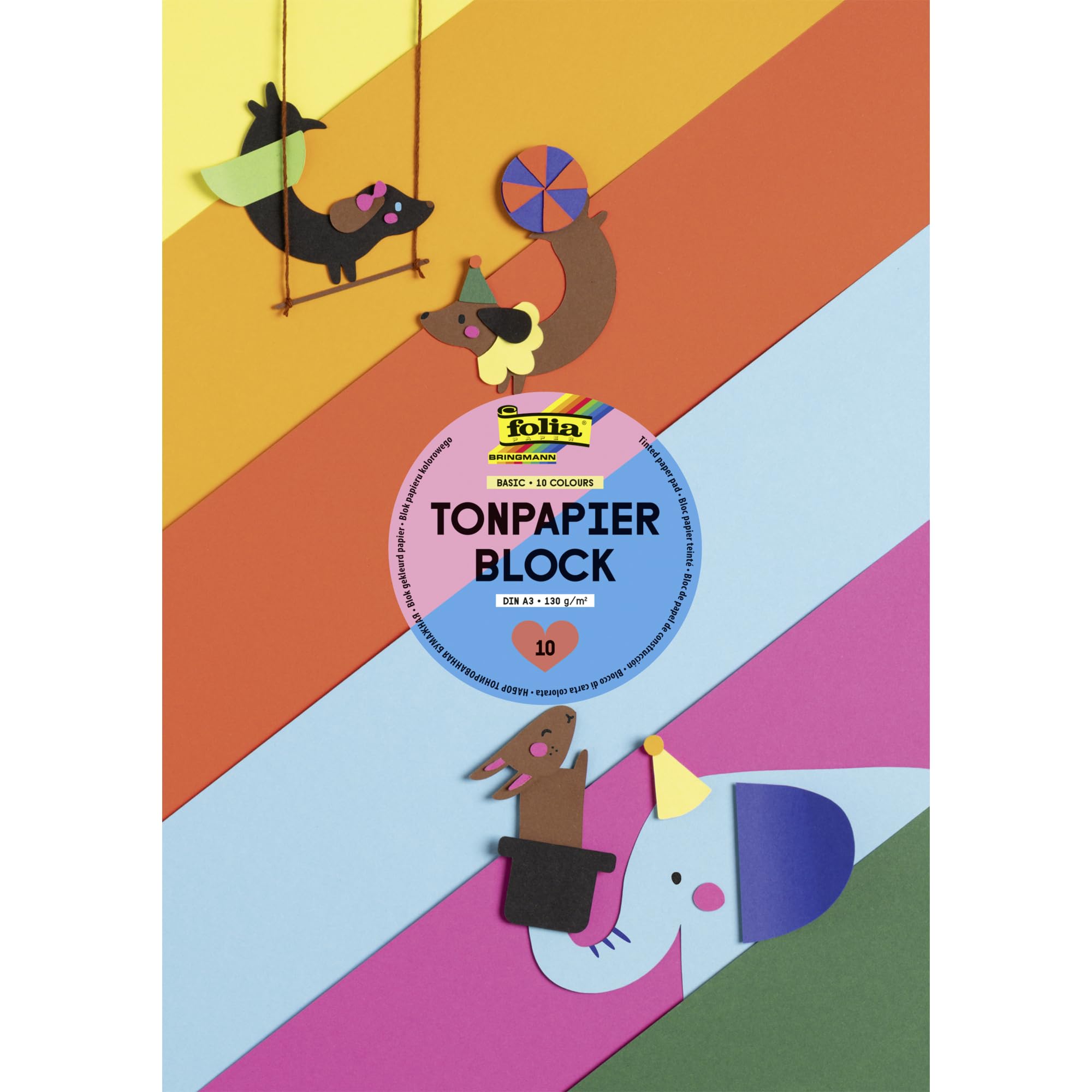 folia 603 – Pad with Coloured Paper, 130 g/m², DIN A3, 10 Sheets, Assorted in 10 Colours, Ideal Base for Various Crafts, Such as Window Pictures, Scrapbooking, Card Making