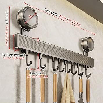 40cm Kitchen Hook Rack with Suction Cup, No Drilling, 8 Sliding Hooks, Heavy Duty Utensil Hanger, 20kg Load Capacity, Removable Rustproof Hanging Rail for Kitchen Utensils, Mugs, Spatulas, Pans