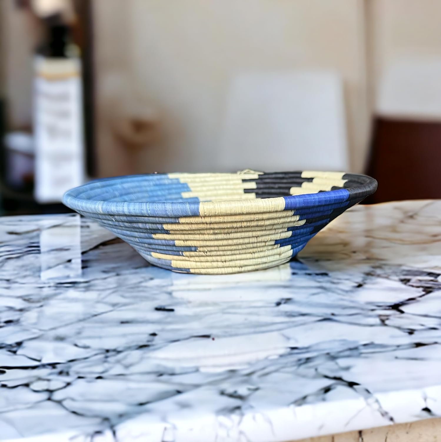 Uganda African Handmade Woven, Wall Hanging Coastal Black Front Blues (12" x 3")