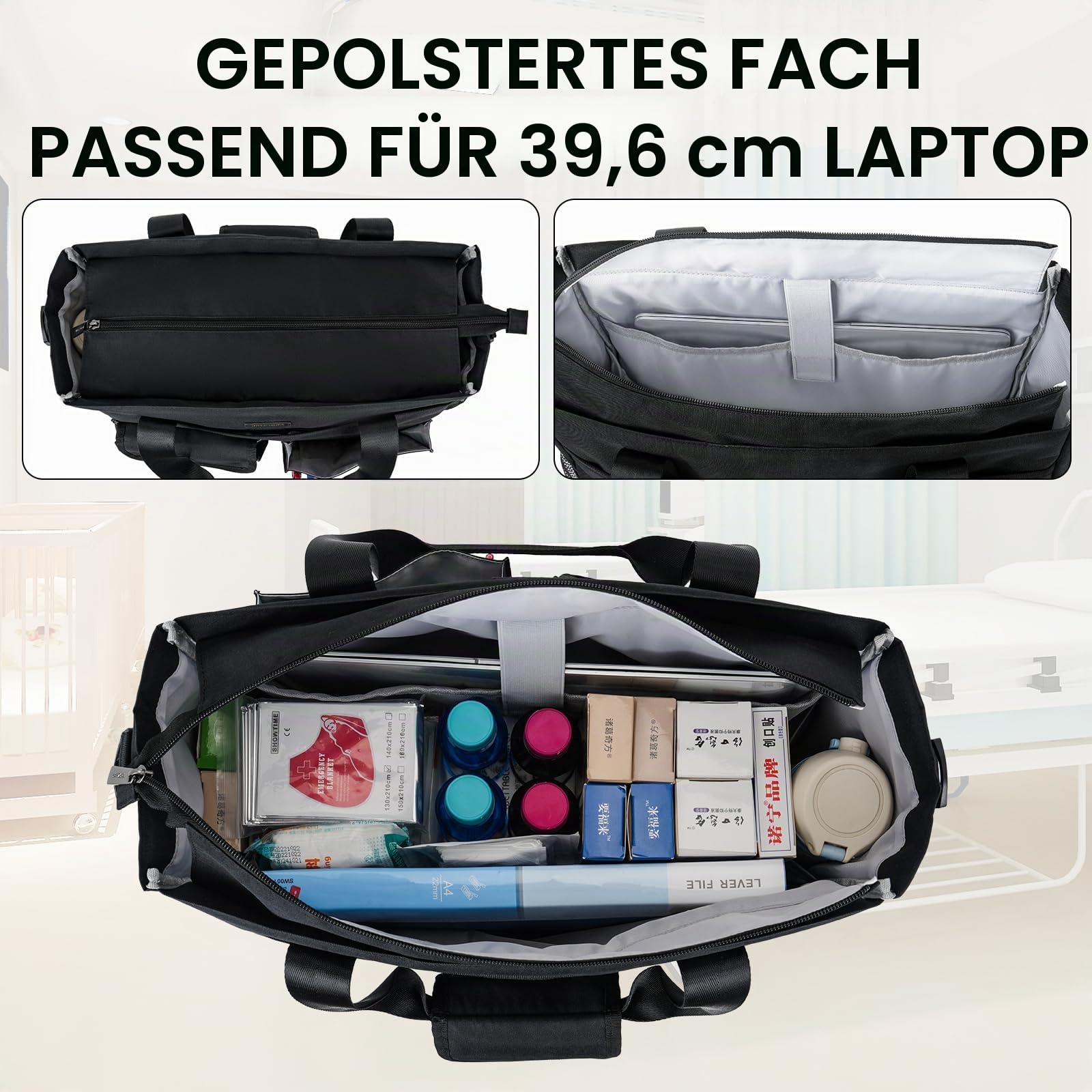 Krankenschwester-Tragetasche für die Arbeit mit gepolstertem Laptop-Fach, große klinische Tasche für Krankenpflegestudenten, Pflegeutensilien für Arzt und häusliches Gesundheitspersonal, Schwarz,
