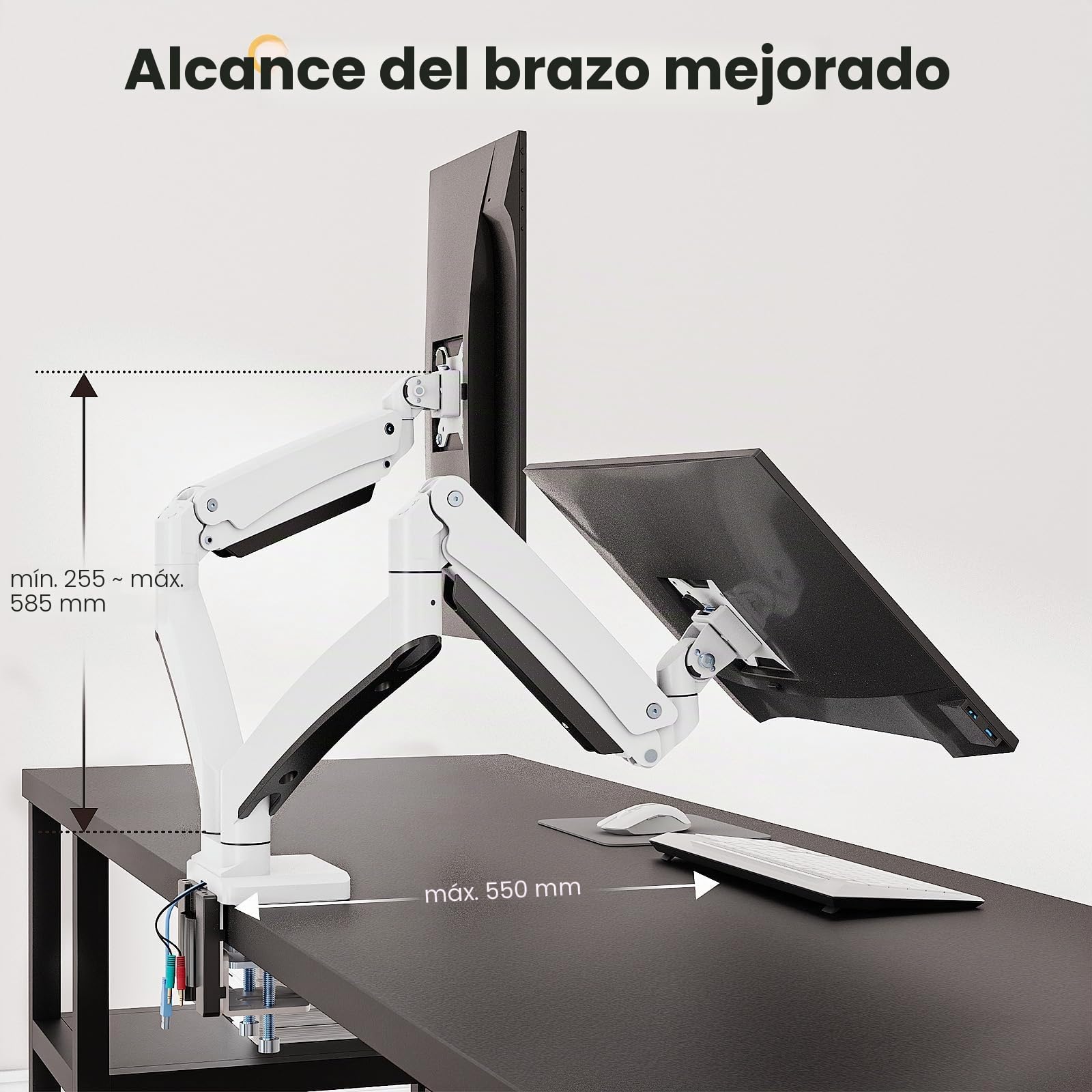 PUTORSEN Soporte Monitor Double para Pantalla Plana y Curvada de 17"-35", Brazo Monitor Doble de Gas con Altura Regulable con inclinaciones, 15 kg/Brazo, con USB 3.0, VESA 75&100mm,Blanco