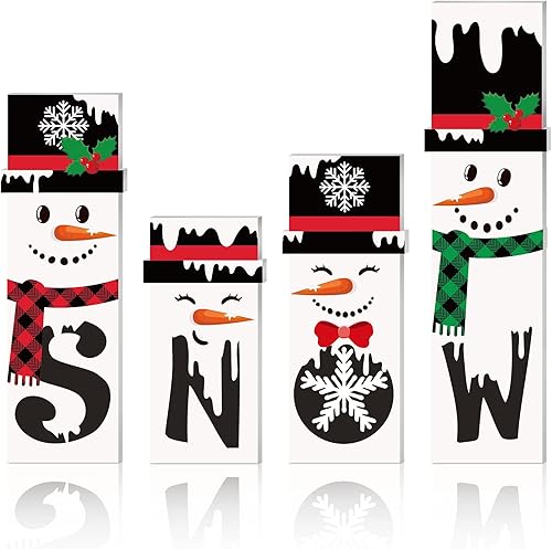 Qunclay 4 piezas de decoración de invierno de madera muñeco de nieve decoración de mesa, letreros de muñeco de nieve de madera, bloques de muñeco de Qunclay 4 piezas de decoración de invierno de madera muñeco de nieve decoración de mesa, letreros de muñeco de nieve de madera, bloques de muñeco de