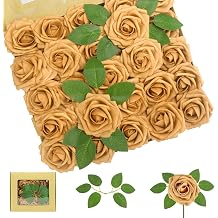 DabbOo 25 Artificial Gold Roses Wedding Decoration Home Decor with Free Leaves 7.5 cm Flower Diameter 20 cm Stem Length for Table Decoration Party Bridal Bouquet Flower Arrangement