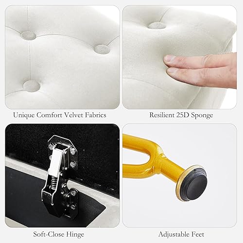 Miniatura 4 de Taburete de tocador con almacenamiento, silla cuadrada de terciopelo para maquillaje con patas de metal y pies dorados ajustables, reposapiés