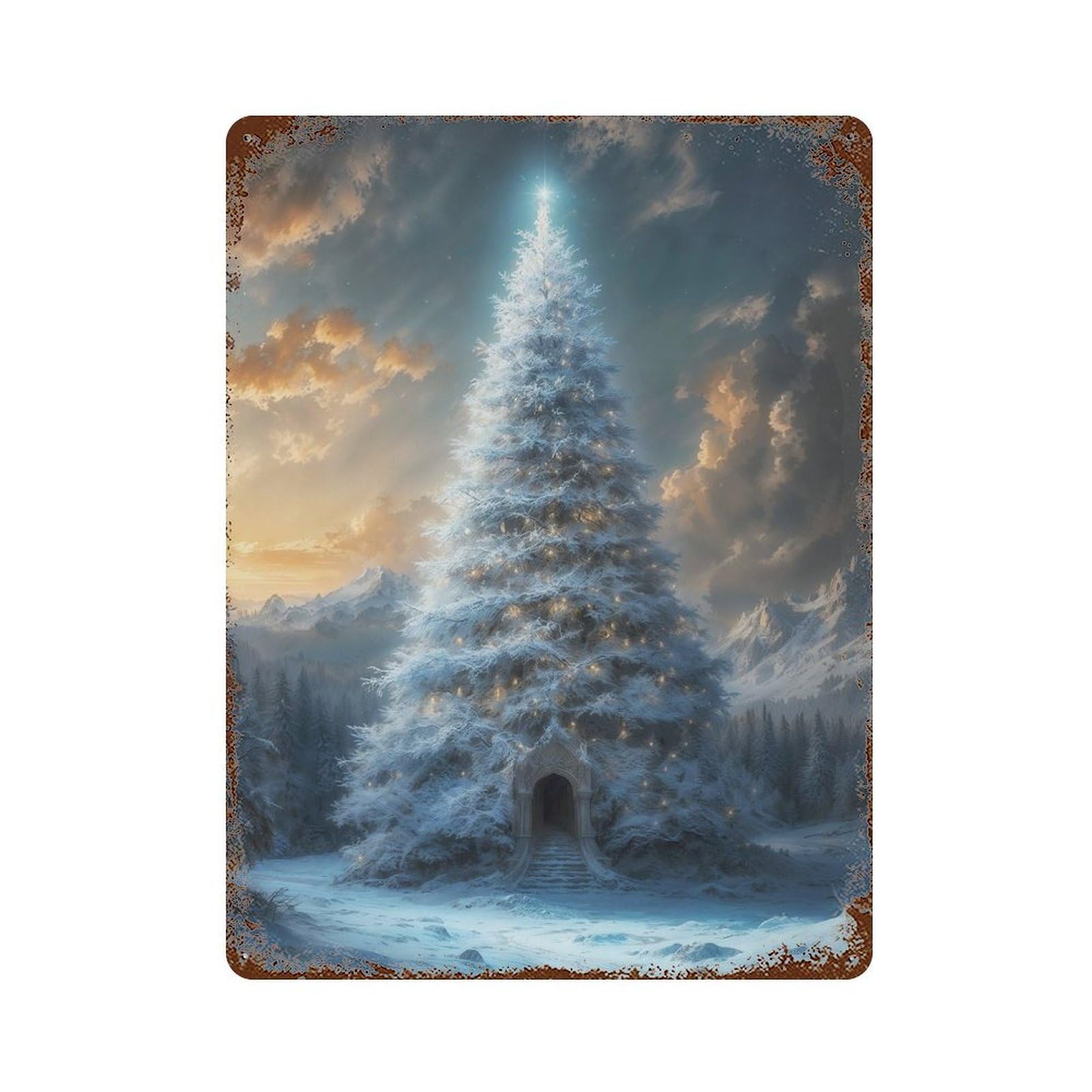 Rust Effect Enchanted Christmas Tree Rusty Metal Tin Sign 15.7"x11.8", Old School Wall Decor for Farmhouse, Kitchen And Entryway Decor