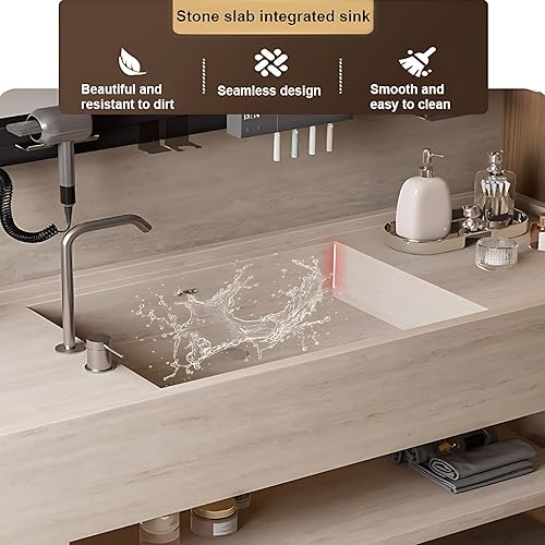 Miniatura 5 de Tocador de baño  Juego de tocador de baño montado en la pared con fregadero sin costuras y gabinete de espejo LED inteligente, tecnología antivaho y