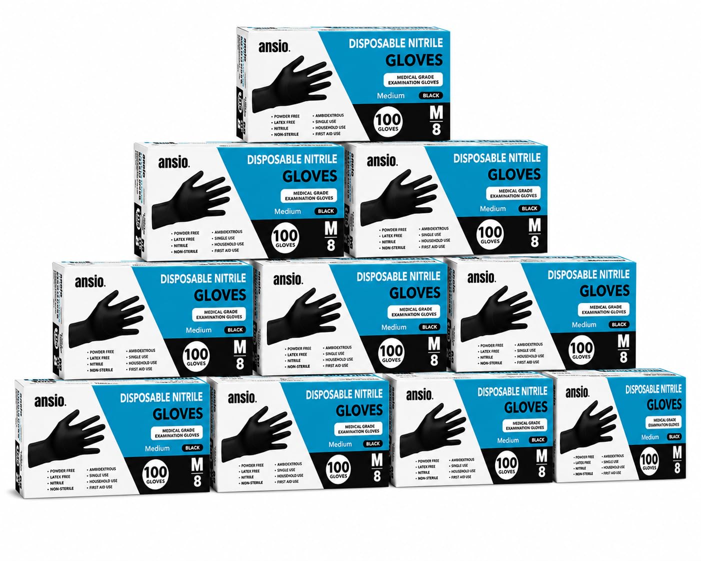 ANSIO Black Nitrile Gloves Medium, 1000 Disposable Gloves, Powder Free Latex Free Medical Grade Examination Gloves, Touchscreen Compatible Food Safe Gloves for Cleaning, Food Prep, Hair Dye & DIY