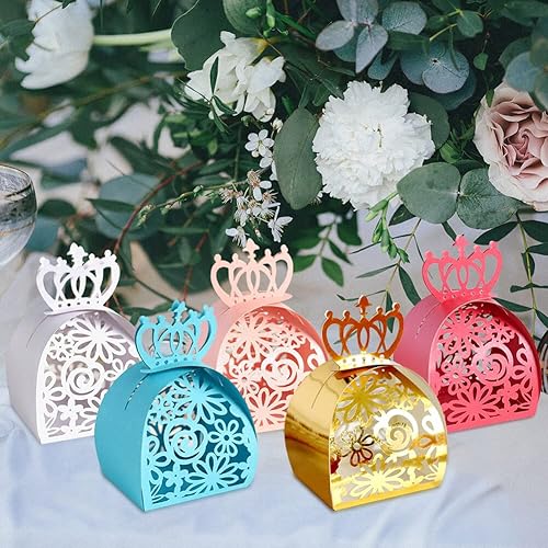 Miniatura 6 de 50 cajas de dulces cortadas con láser, diseño de corona de flores, cajas de regalo plegables, cajas de papel para dulces de boda, cajas de papel